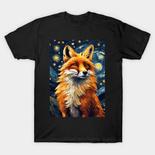 Adorable Fox Portrait Animal Painting in a Van Gogh Starry Night Art Style T-Shirt